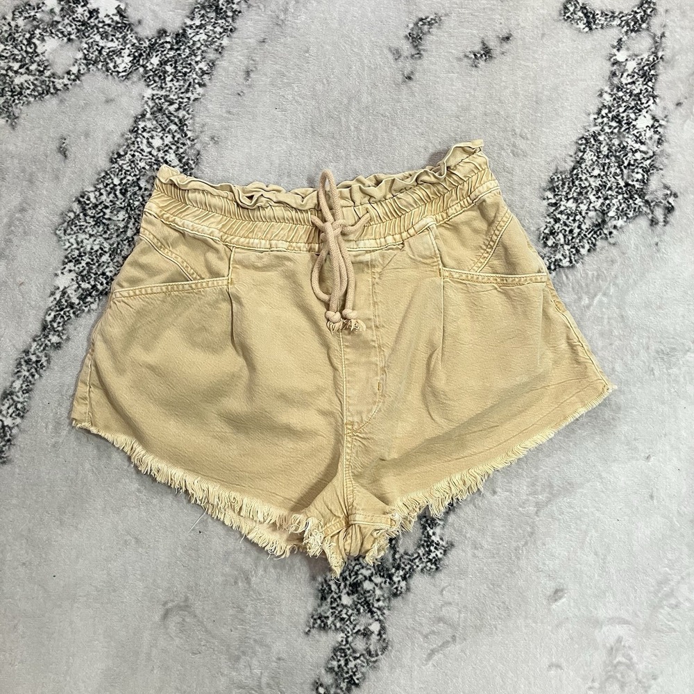 We The Free Womens Tan Denim Shorts Drawstring High Rise Raw Hem Pull On Boho